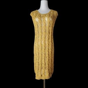 yellow crew neck , sleeveless slim knitted dress
